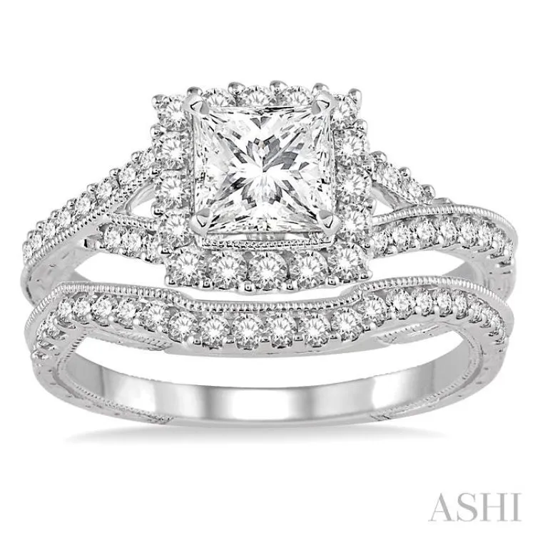 1 1/10 Ctw Diamond Bridal Set with 7/8 Ctw Princess Cut Engagement Ring and 1/5 Ctw Wedding Band in 14K White Gold