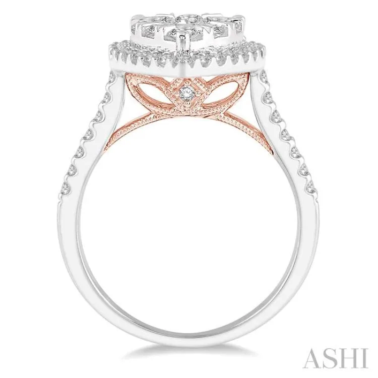 1 1/2 Ctw Pear Shape Round Cut Diamond Lovebright Ring in 14K White and Rose Gold