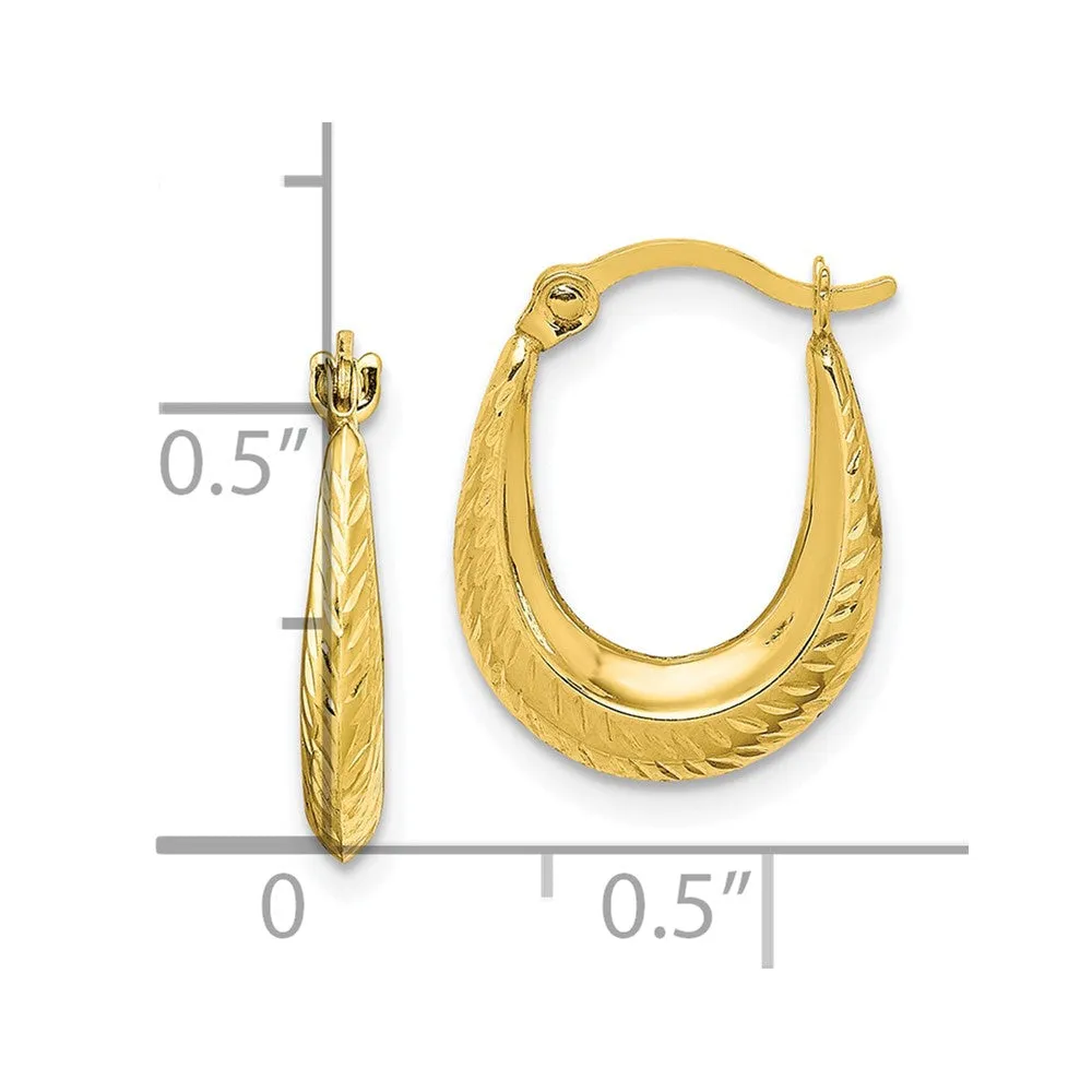 10k Real Yellow Gold Textured Design Hoop Earrings, 15mm