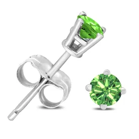 1/4 Ctw Round Genuine Green Diamond Solitaire Stud Earrings In 10K White Gold