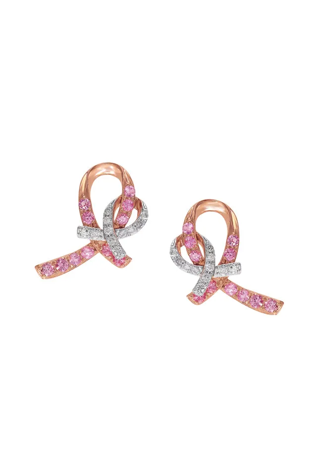 14K Rose Gold Pink Sapphire and Diamond Breast Cancer Awareness Ribbon Earrings, 0.54 TCW