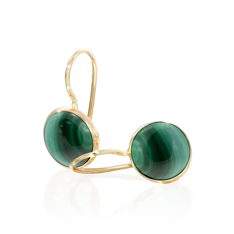 14K Yellow Gold Round Green Malachite 8mm Dangle Earrings