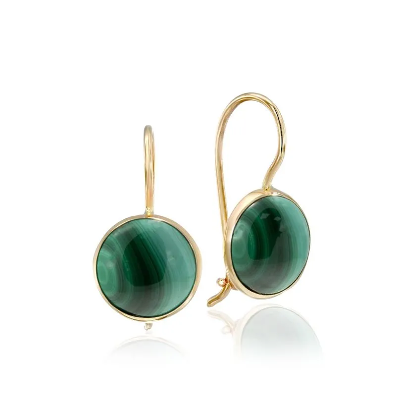 14K Yellow Gold Round Green Malachite 8mm Dangle Earrings