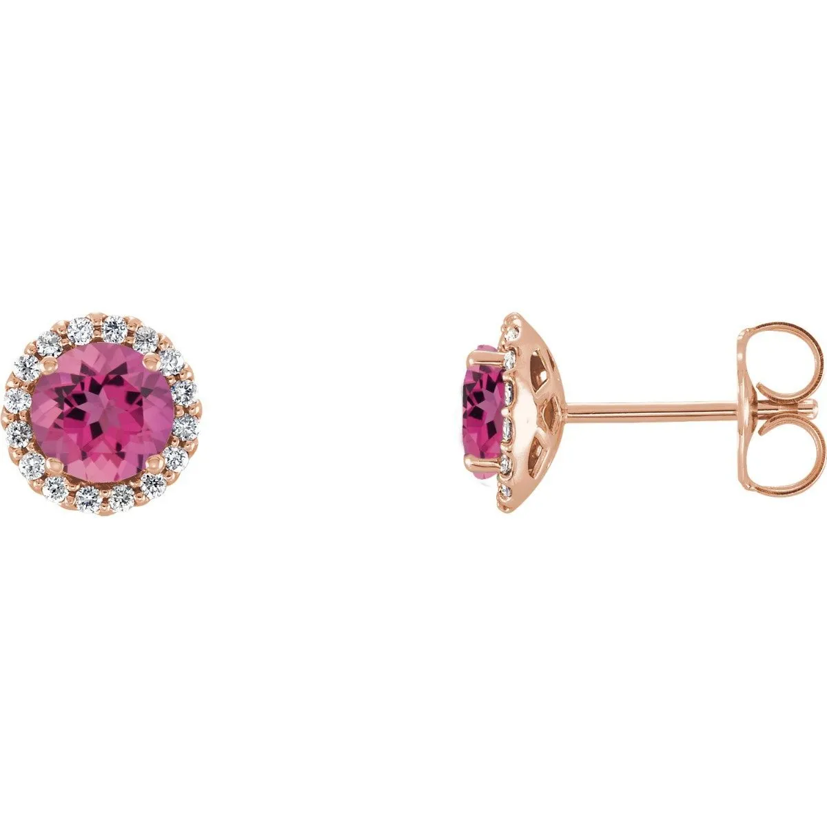 14KT GOLD 1.50 CTW PINK TOURMALINE & 1/6 CTW DIAMOND HALO EARRINGS