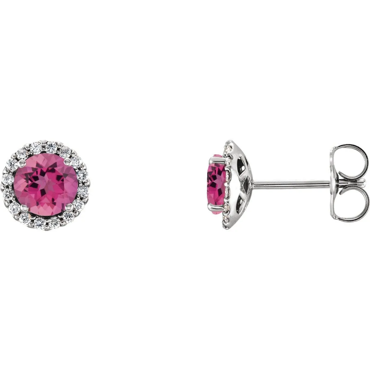 14KT GOLD 1.50 CTW PINK TOURMALINE & 1/6 CTW DIAMOND HALO EARRINGS