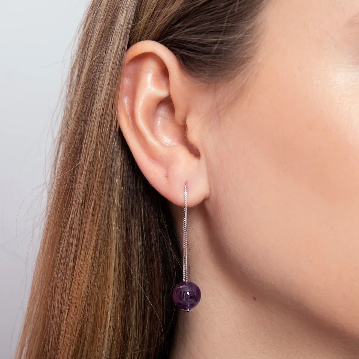 Amethyst | .925 Sterling Silver | Gemstone Chain Drop Threader Earrings