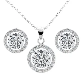 Ariel 18k White Gold Plated CZ Halo Stud Earrings and Necklace Jewelry Set