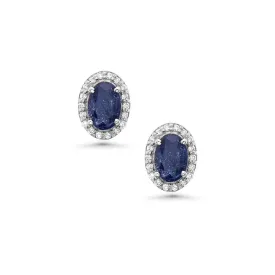 Blue Sapphire Oval Shape Halo Diamonds Studs Earrings (1.60 ct.) in 14K Gold