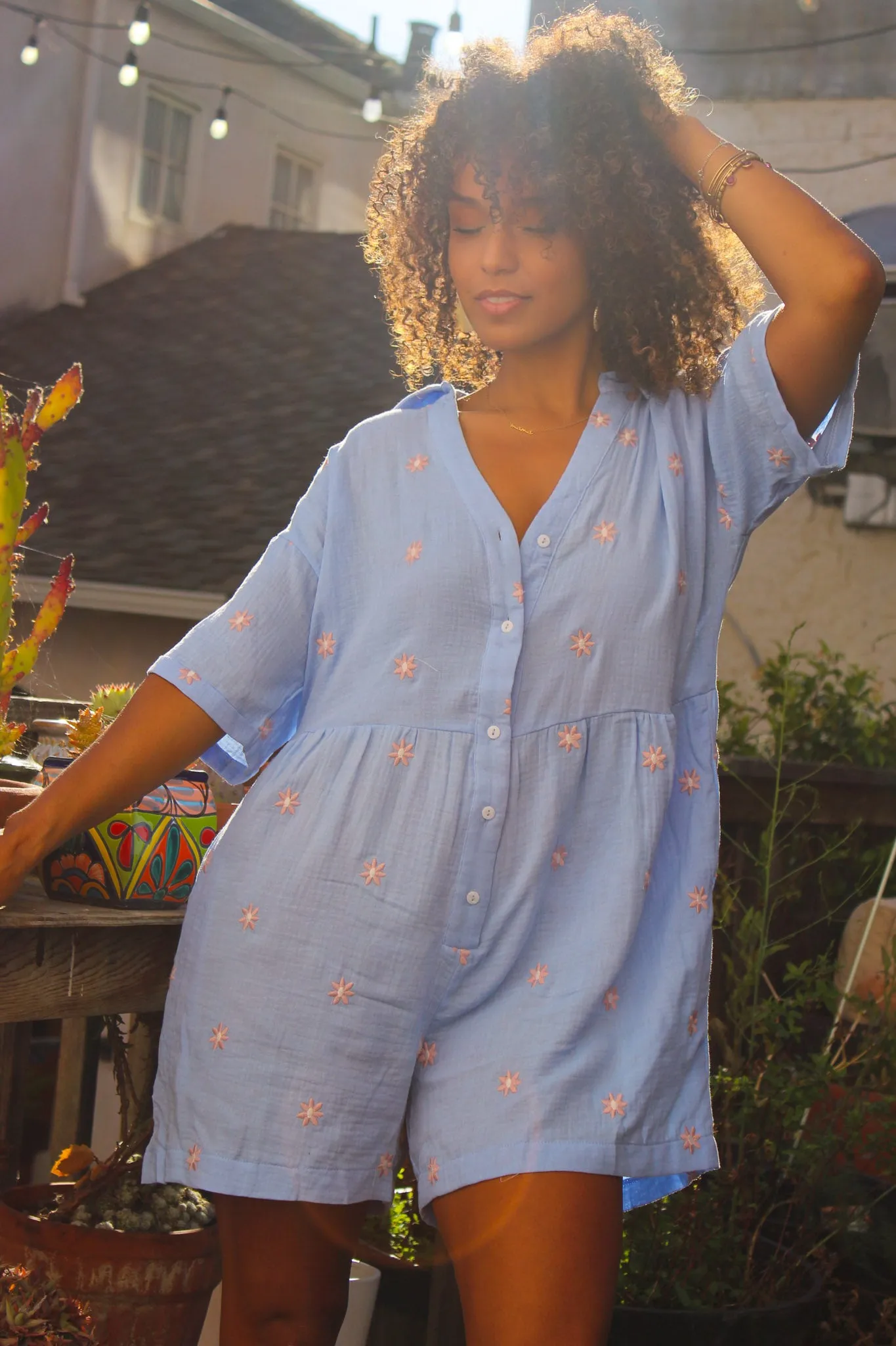 Chamomile Cotton Romper - Sky/Pink