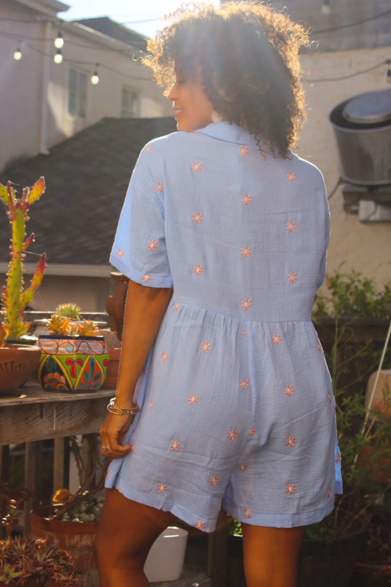 Chamomile Cotton Romper - Sky/Pink