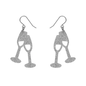 Champagne Flute Glitter Drop Earrings - Silver