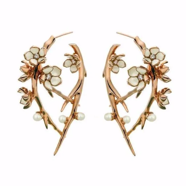 Cherry Blossom Hoop Earrings - Rose Gold Vermeil, Diamond & Pearl