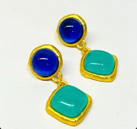 Classic green &amp; blue pierced style earrings with cabochon style stone accents.