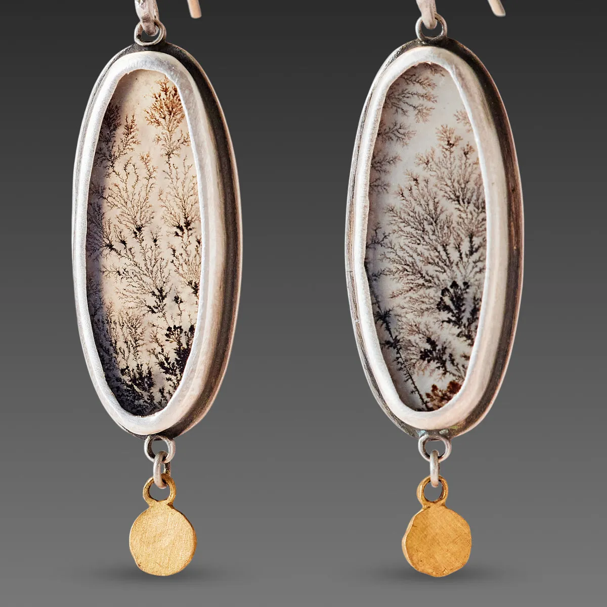 Dendritic Agate Earrings with Hammered Gold Dots