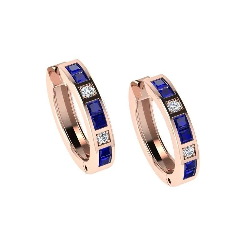 Diamond and Sapphire Hoops Huggies Earrings 14K Gold