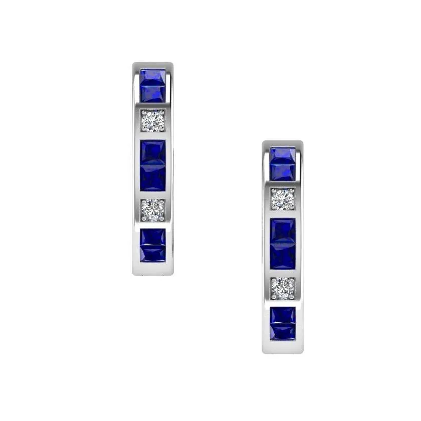 Diamond and Sapphire Hoops Huggies Earrings 14K Gold