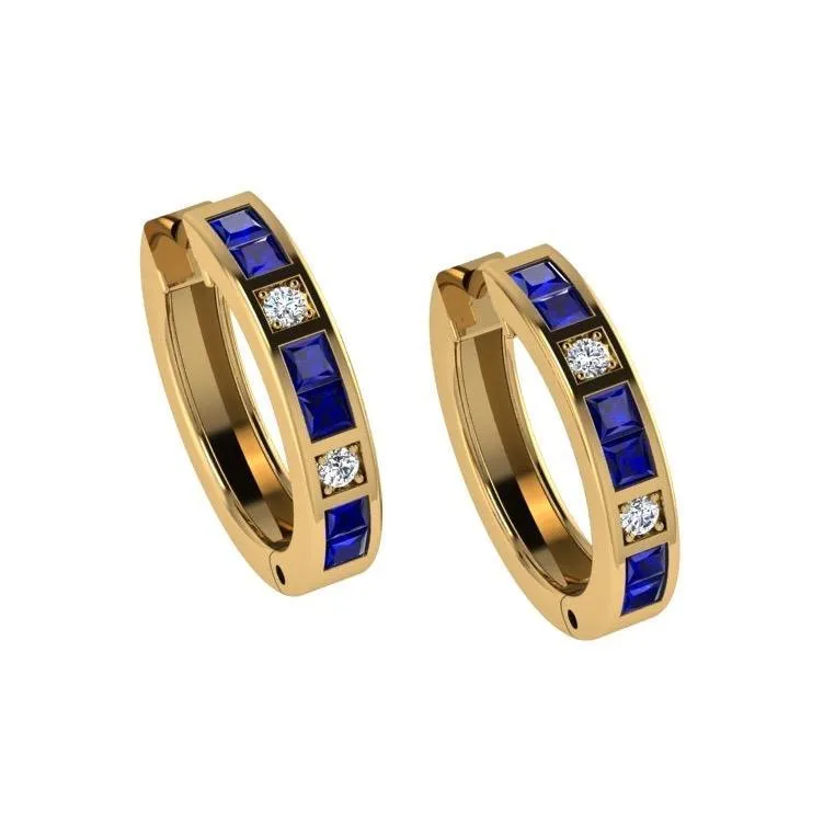 Diamond and Sapphire Hoops Huggies Earrings 14K Gold