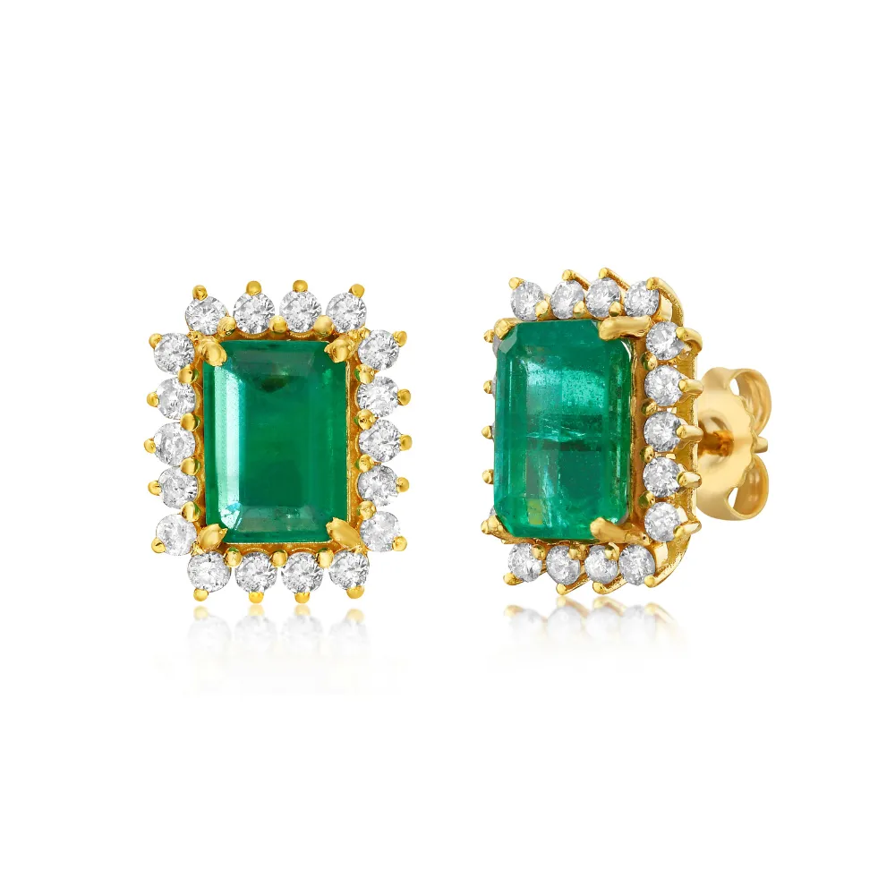 Emerald Cut Emerald With Diamond Halo Earrings (4.50 ct.) in 14K Gold