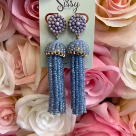 FINLEY BABY BLUE PEARLIZED TASSEL AND GOLD SEEDBEAD EARRINGS