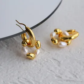 Gold Bean Hoops Pearl Earring