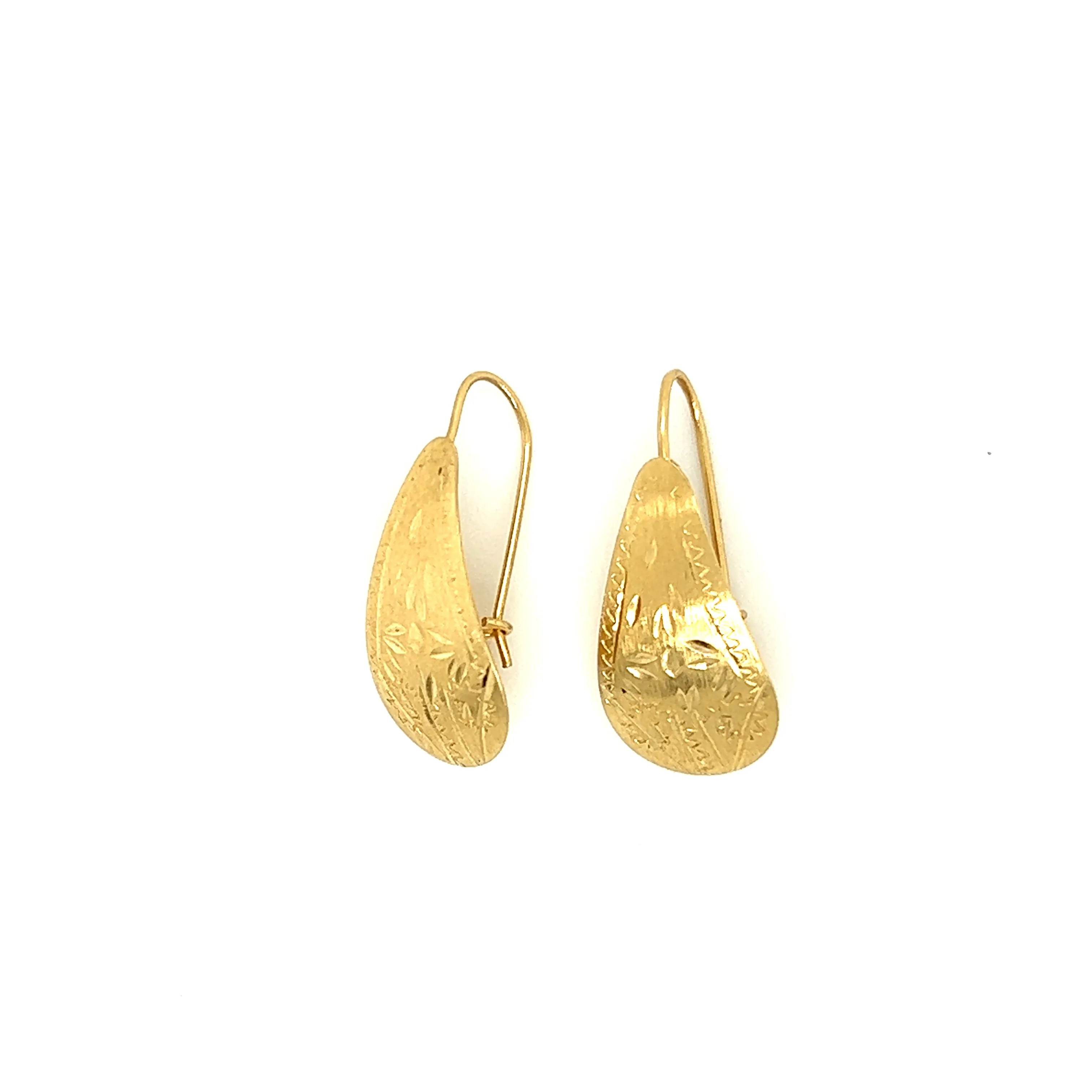 Gold Petal Drop Earrings with Engraving in 14K Yellow Gold