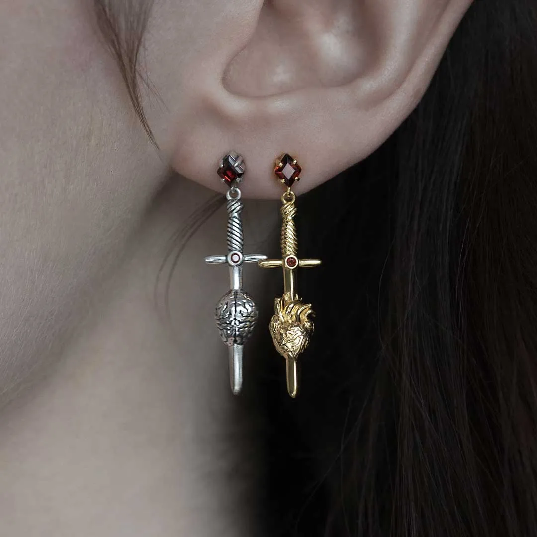 HEART & MIND. Heart & Brain Sword Earrings - Gold