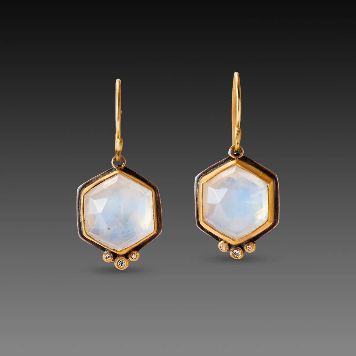 Hexagon Moonstone Earrings with Diamond Trios