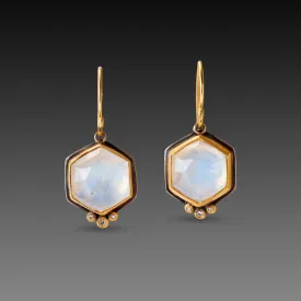 Hexagon Moonstone Earrings with Diamond Trios