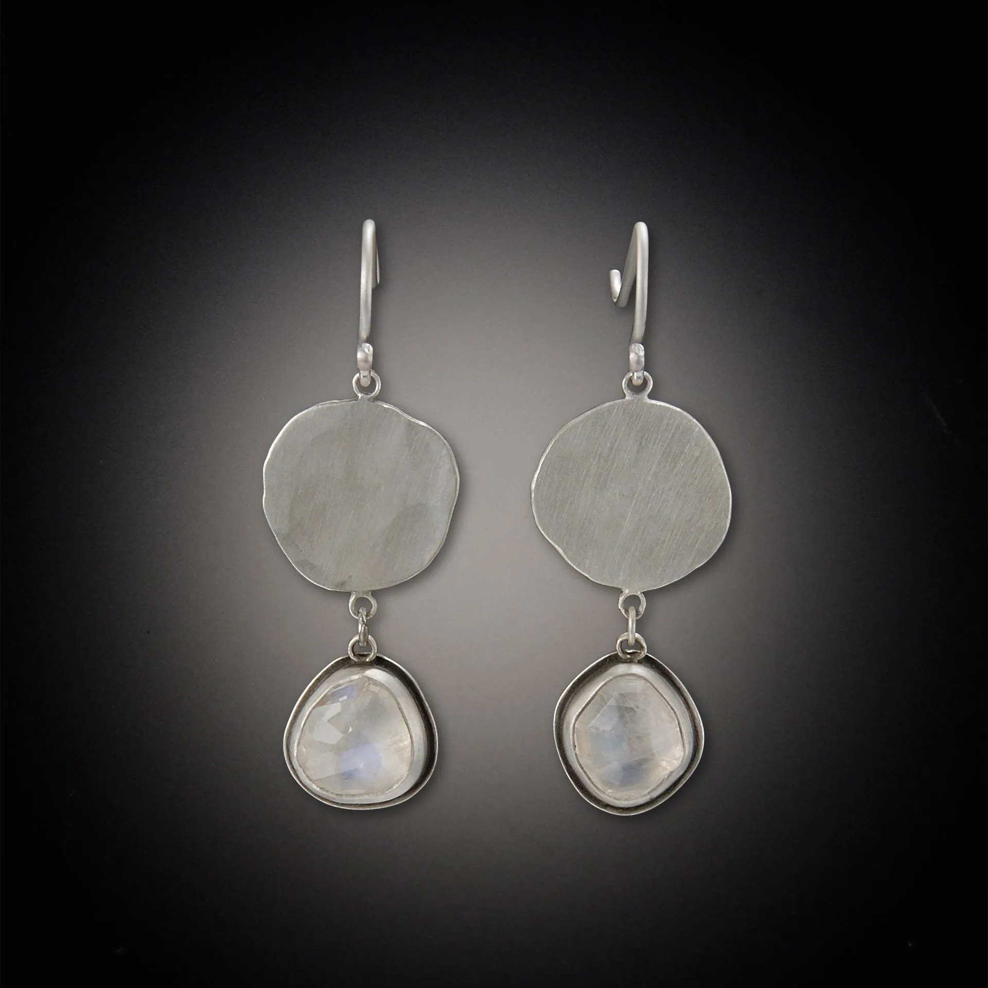 Moonstone Earrings with large hammered disks