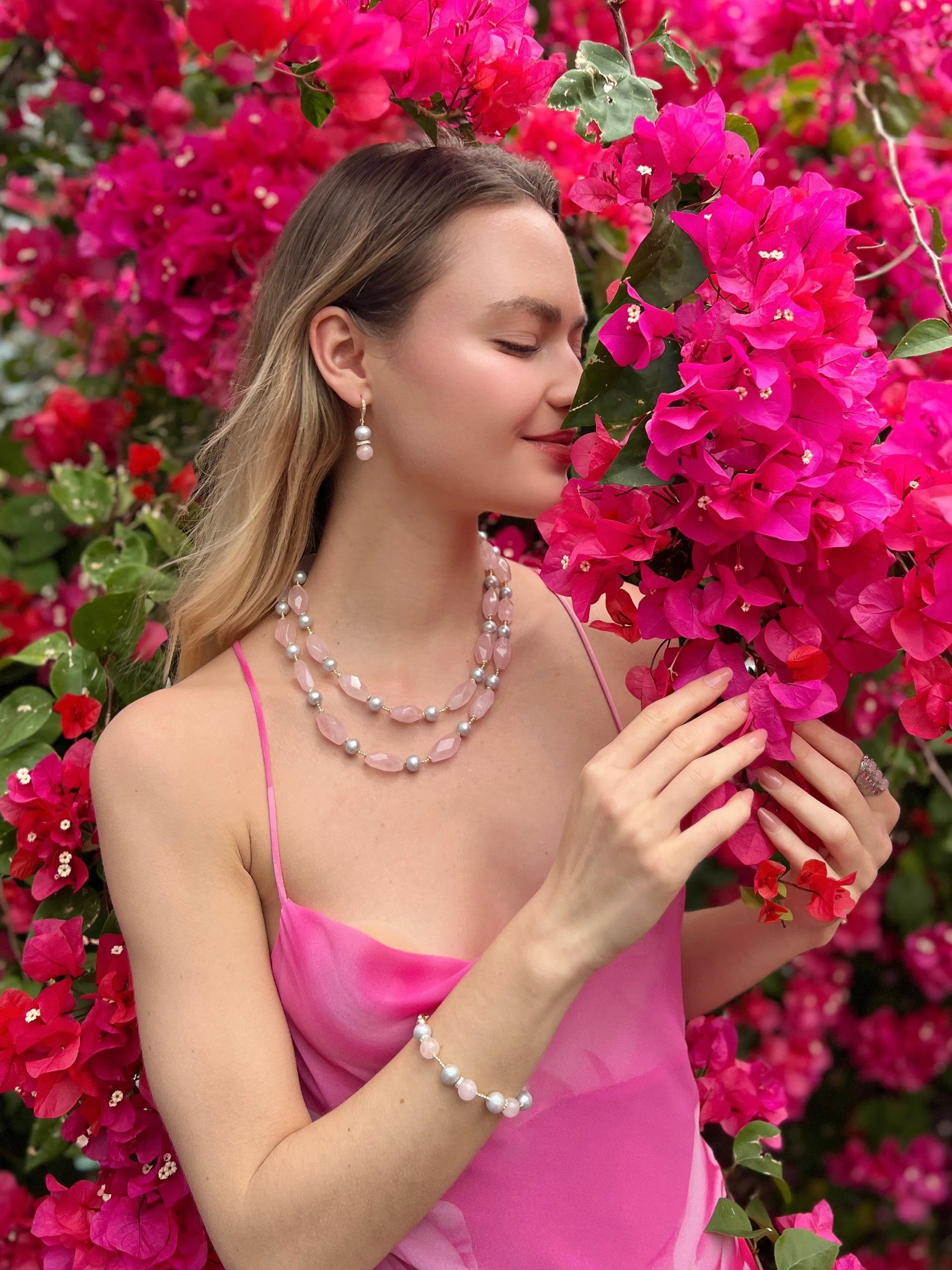 Pink Rose Quartz and Gray Freshwater Pearls Earrings LE004