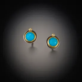 Rose Cut Turquoise Stud Earrings with Diamonds