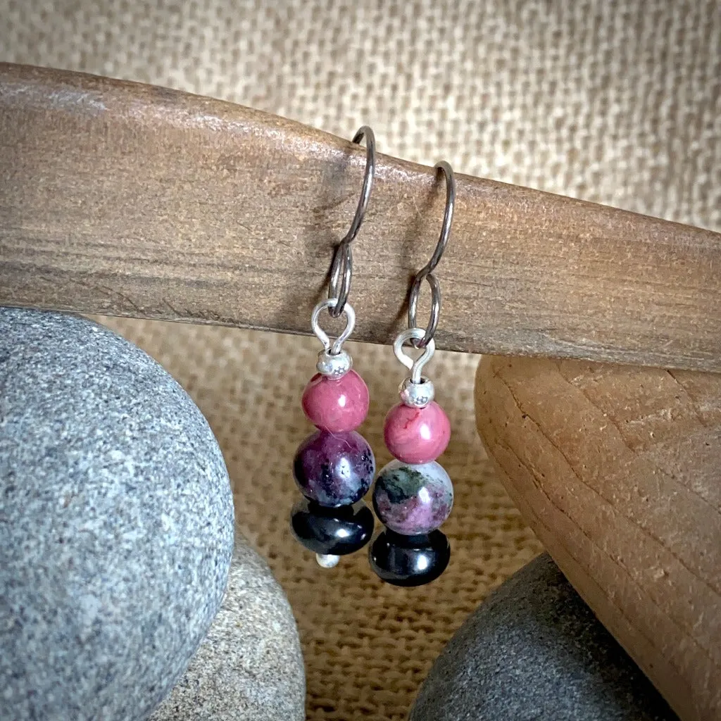 Shungite Earrings with Rhodonite and Eudialyte, Love, Self Acceptance