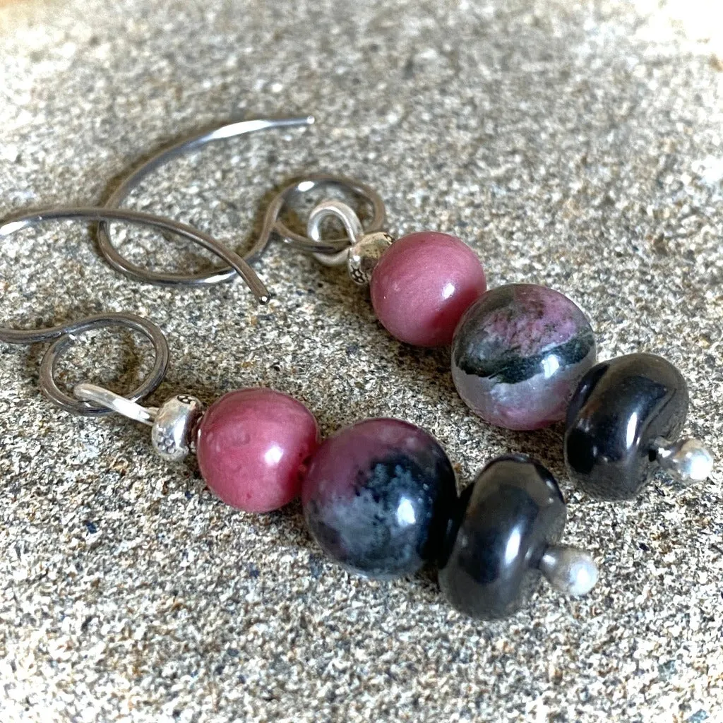 Shungite Earrings with Rhodonite and Eudialyte, Love, Self Acceptance