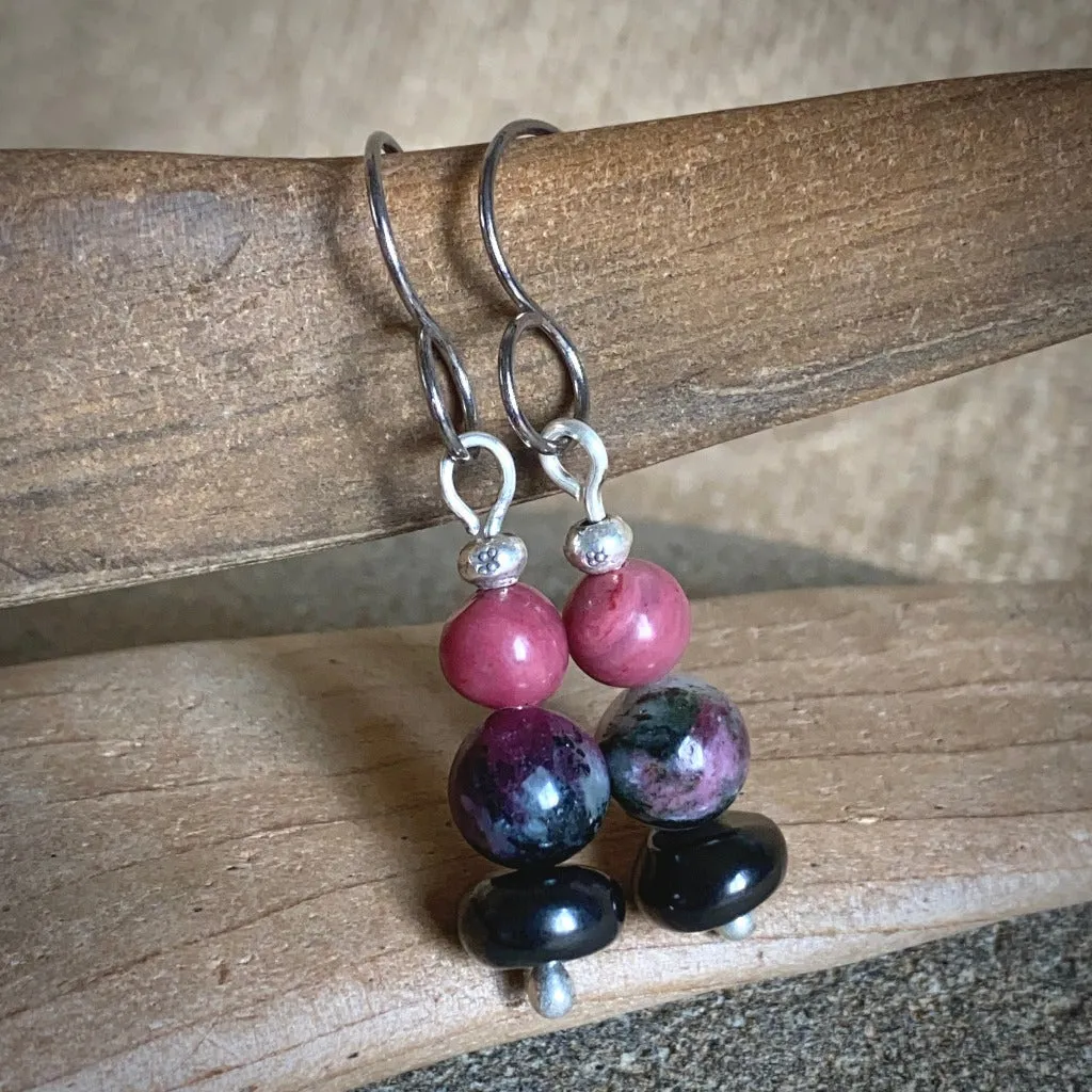 Shungite Earrings with Rhodonite and Eudialyte, Love, Self Acceptance