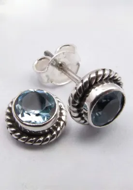 Solid Silver Blue Topaz Round Stud Earrings