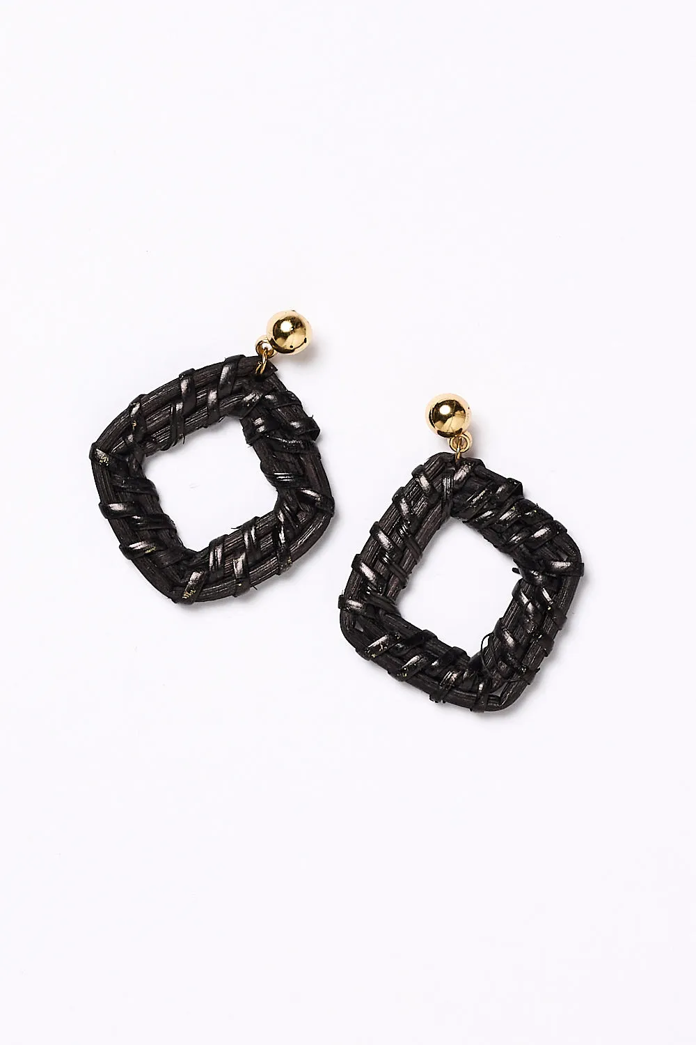 Square Raffia Earrings in Coal