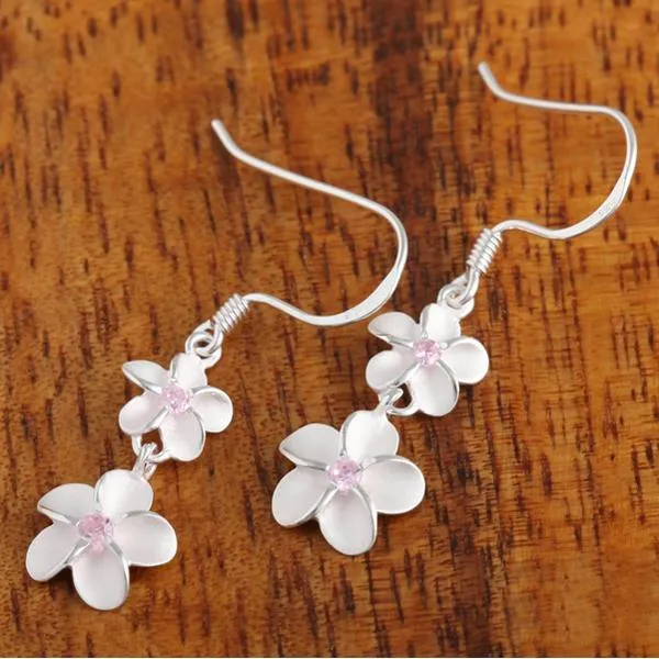 Sterling Silver 6-8mm Plumeria with Pink CZ Hook Earrings