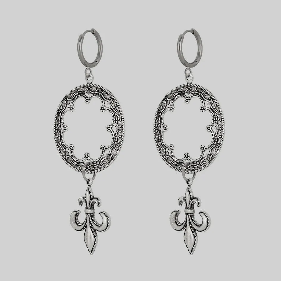 VOW. Gothic Fleur de Lis Hoop Earrings - Silver