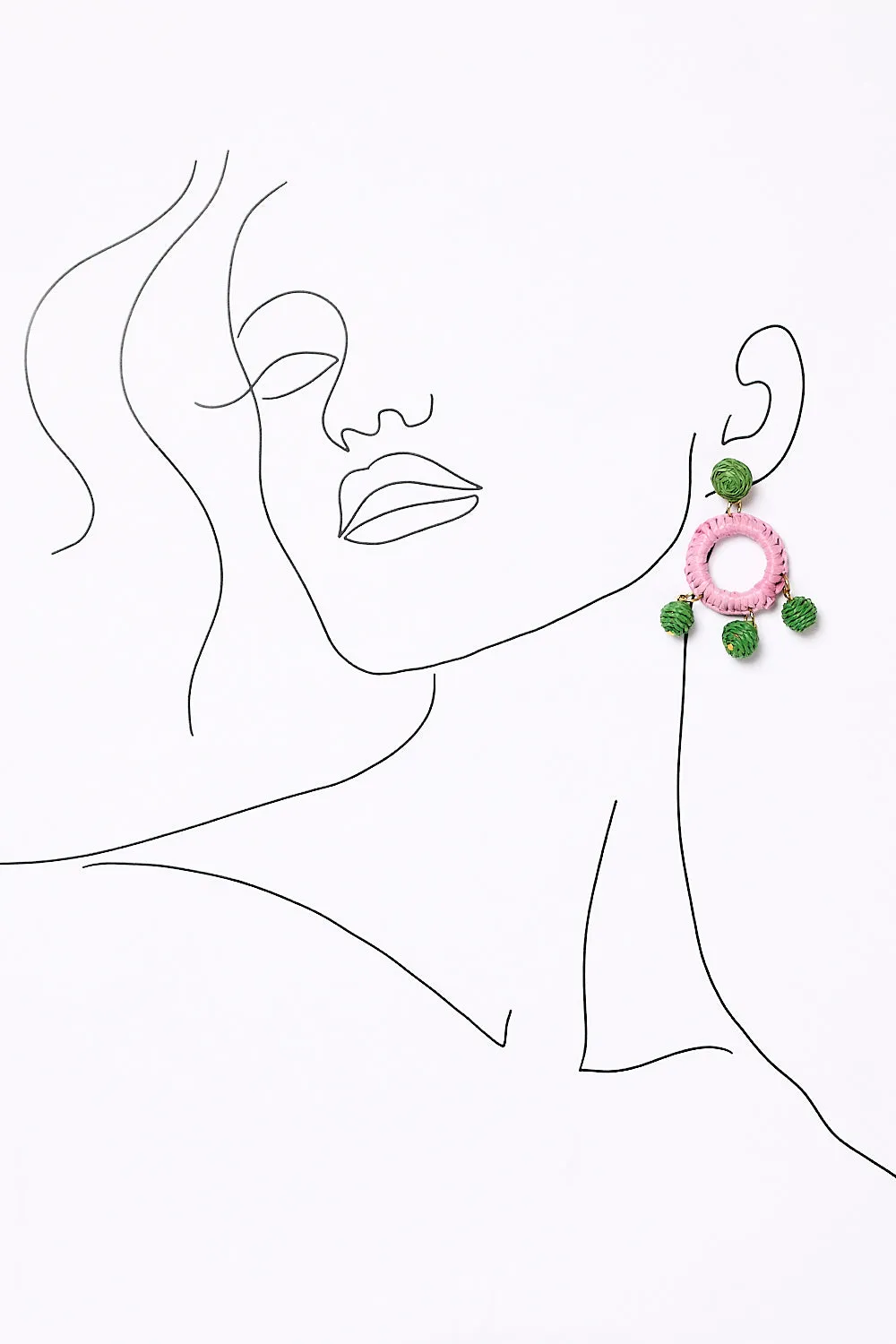 Woven Circle Ball Drop Earrings in Pink and Green